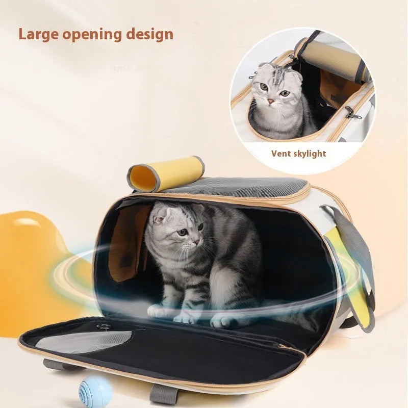 Canvas pet bag in yellow colour showing foldable single shoulder design for cat or small dog transport