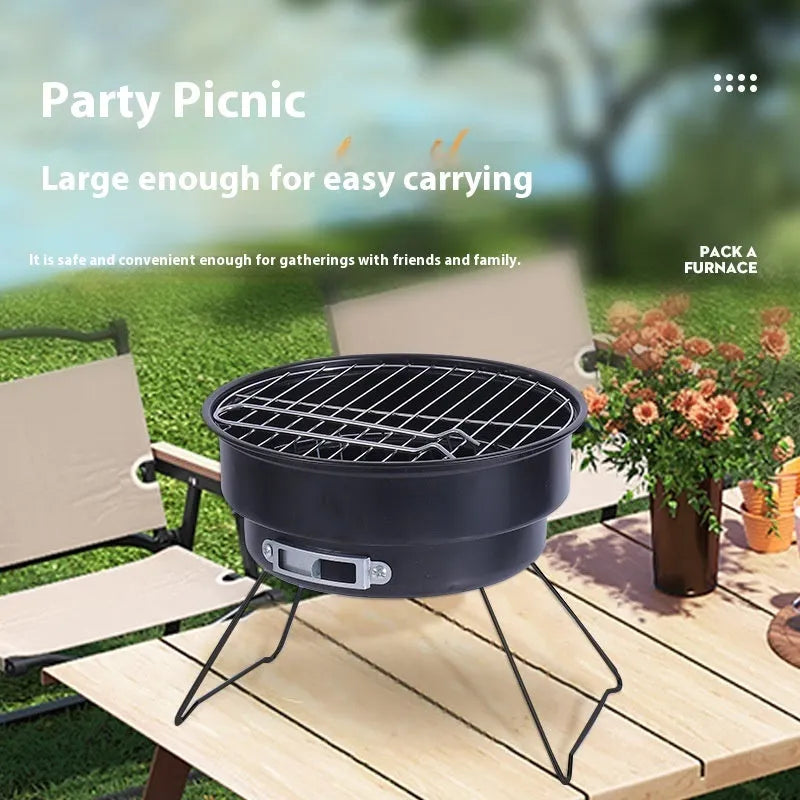 Small folding round ice stove with grill mesh, barbecue grill, furnace legs, and carbon clip components