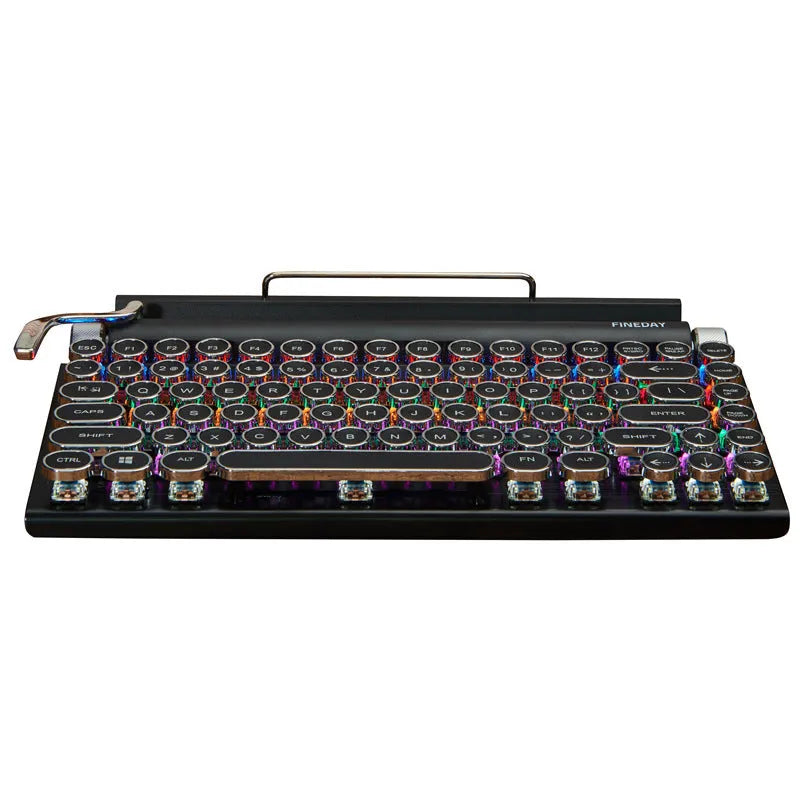 Black retro-style Bluetooth mechanical keyboard with backlight on wooden desk