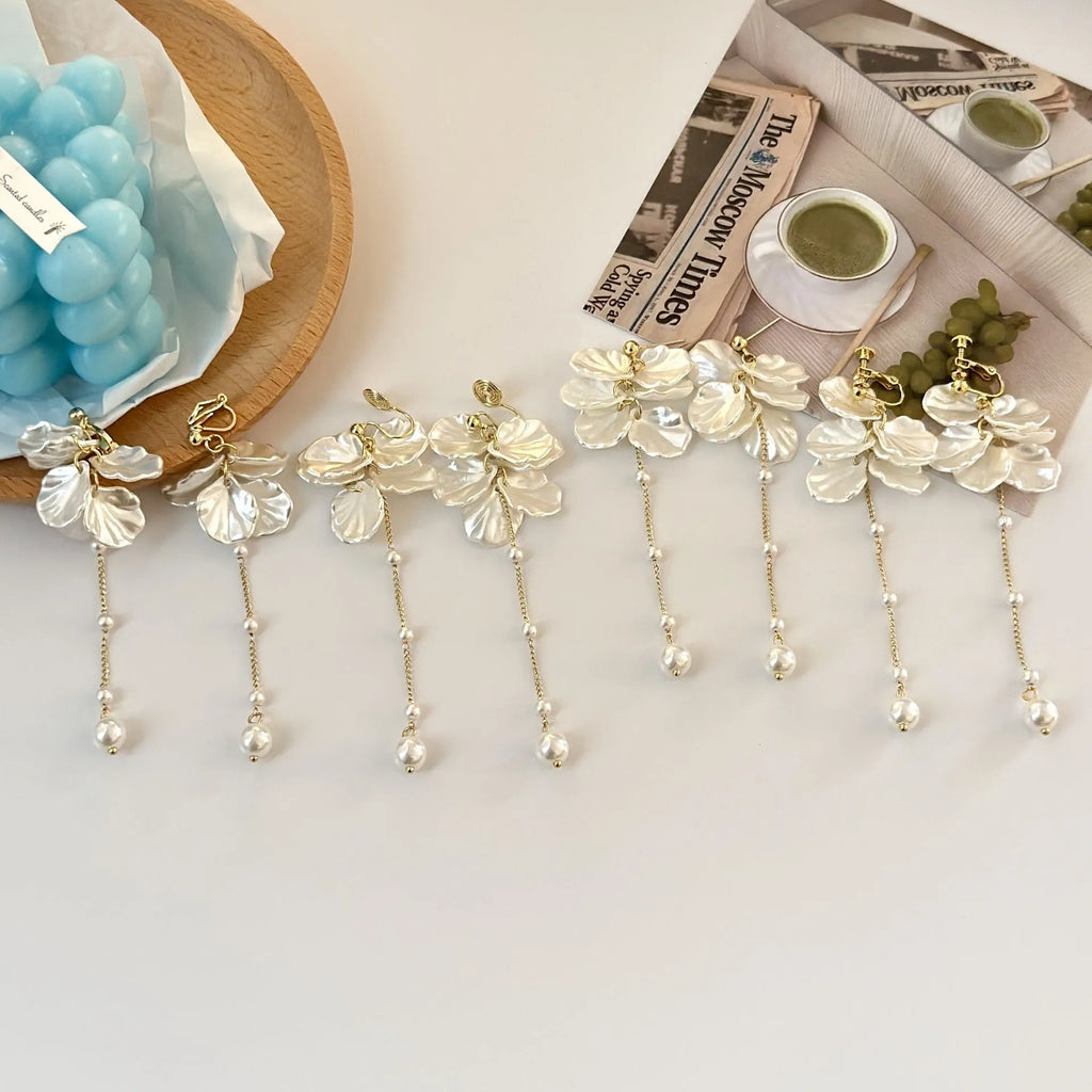 Women's acrylic shell pearl tassel earrings with choice of ear clip types