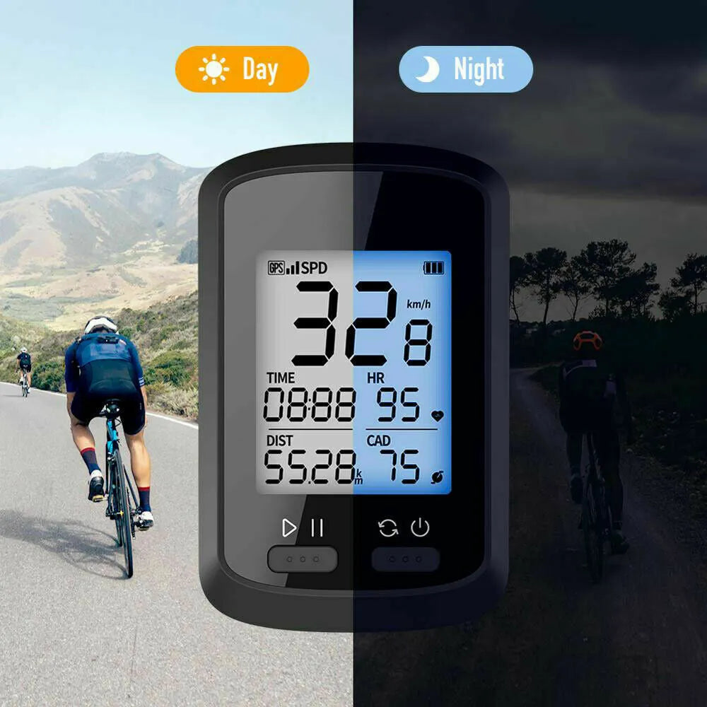 Black plastic bicycle stopwatch with digital LCD display and adjustable nylon wrist strap.