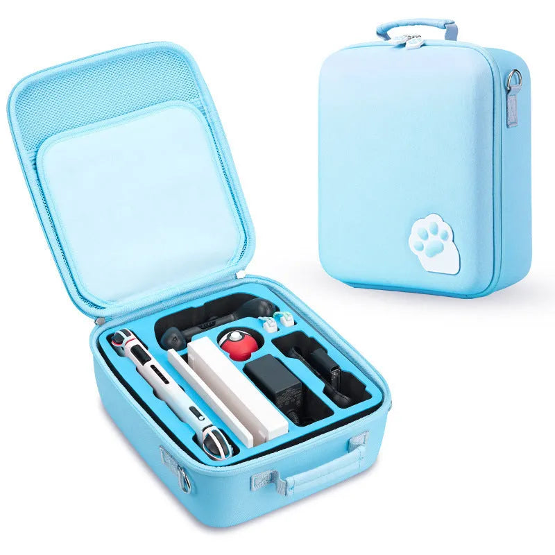 Nintendo Switch storage bag with diagonal strap holding game cases in blue colour