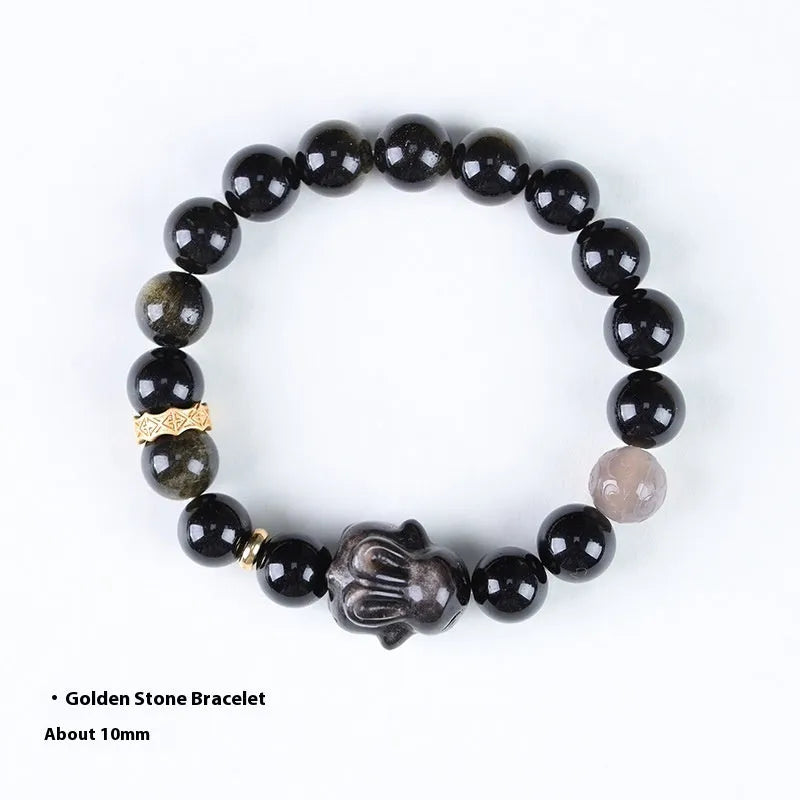 Handmade obsidian bracelet with lying rabbit silver charm and grey agate beads in 8mm and 10mm sizes