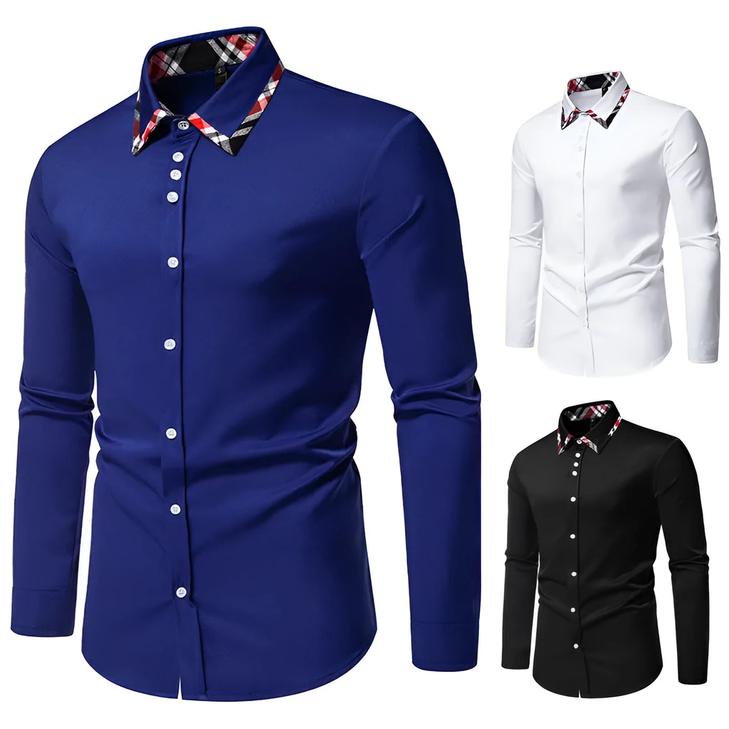Men's blue casual long sleeve shirt with triangle collar and contrast plaid pattern.