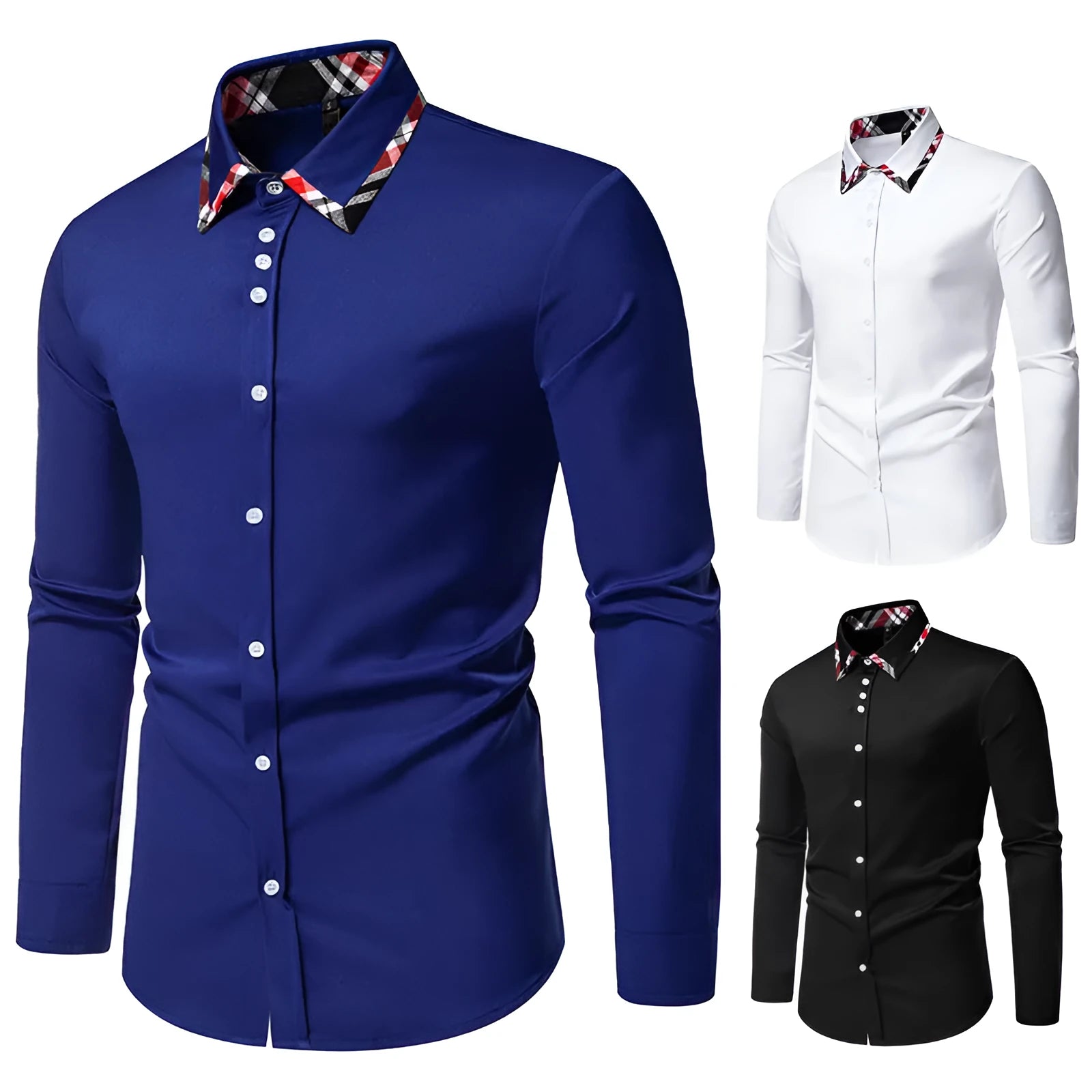 Men's blue casual long sleeve shirt with triangle collar and contrast plaid pattern.