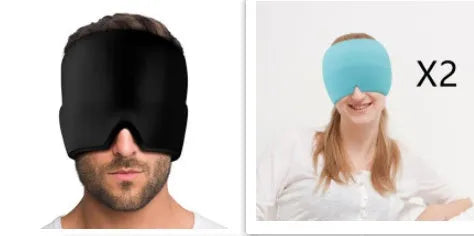 Black elastic cloth gel cold therapy eye mask for headache relief on grey background.