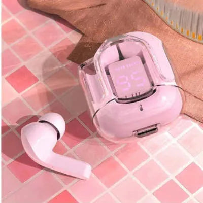 True wireless Bluetooth earphones with transparent space capsule charging case showing digital display screen