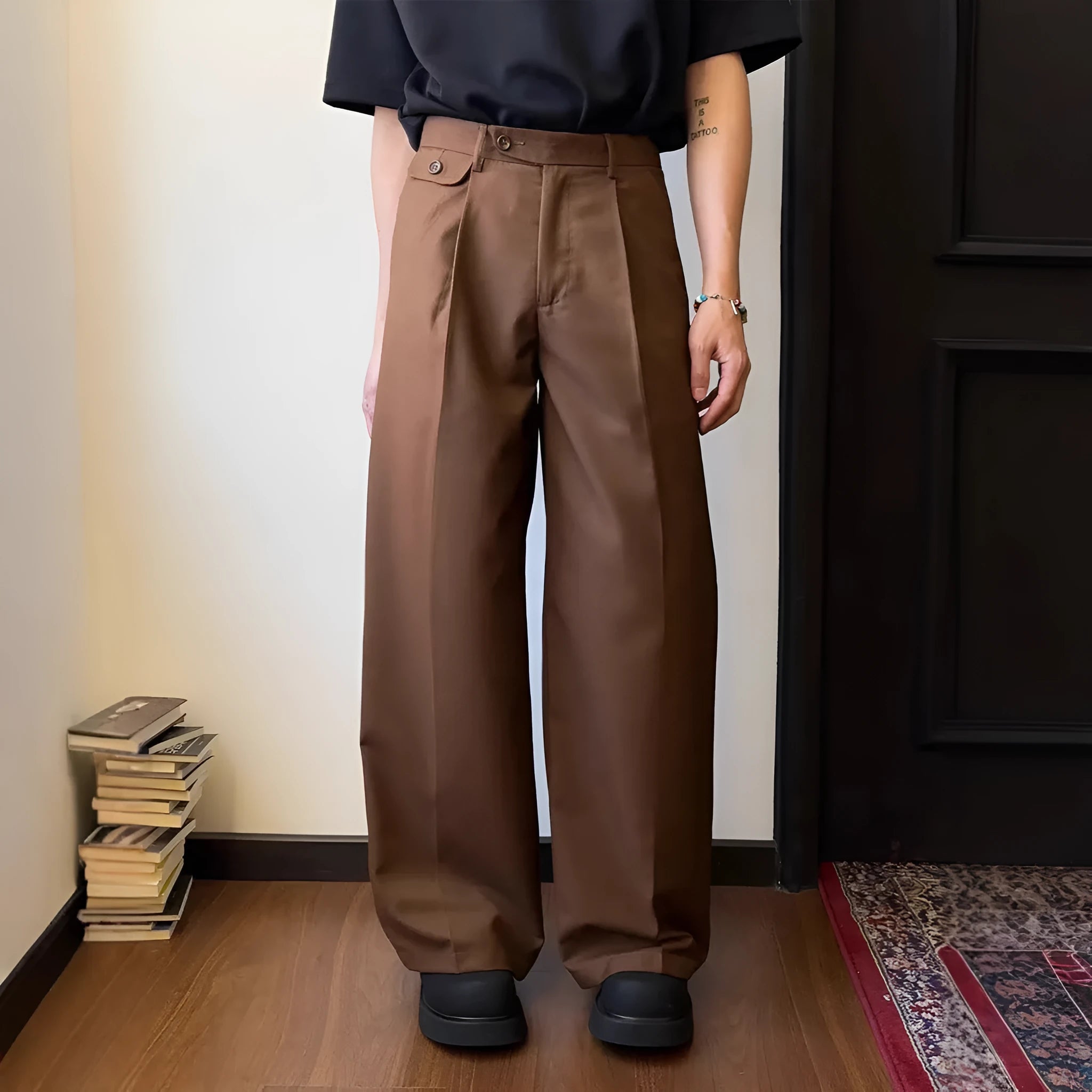 Men's brown straight-cut wide-leg casual suit trousers laid flat