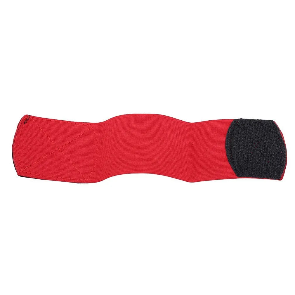 Red rubber football shin guard magic tape belt isolated on white background.