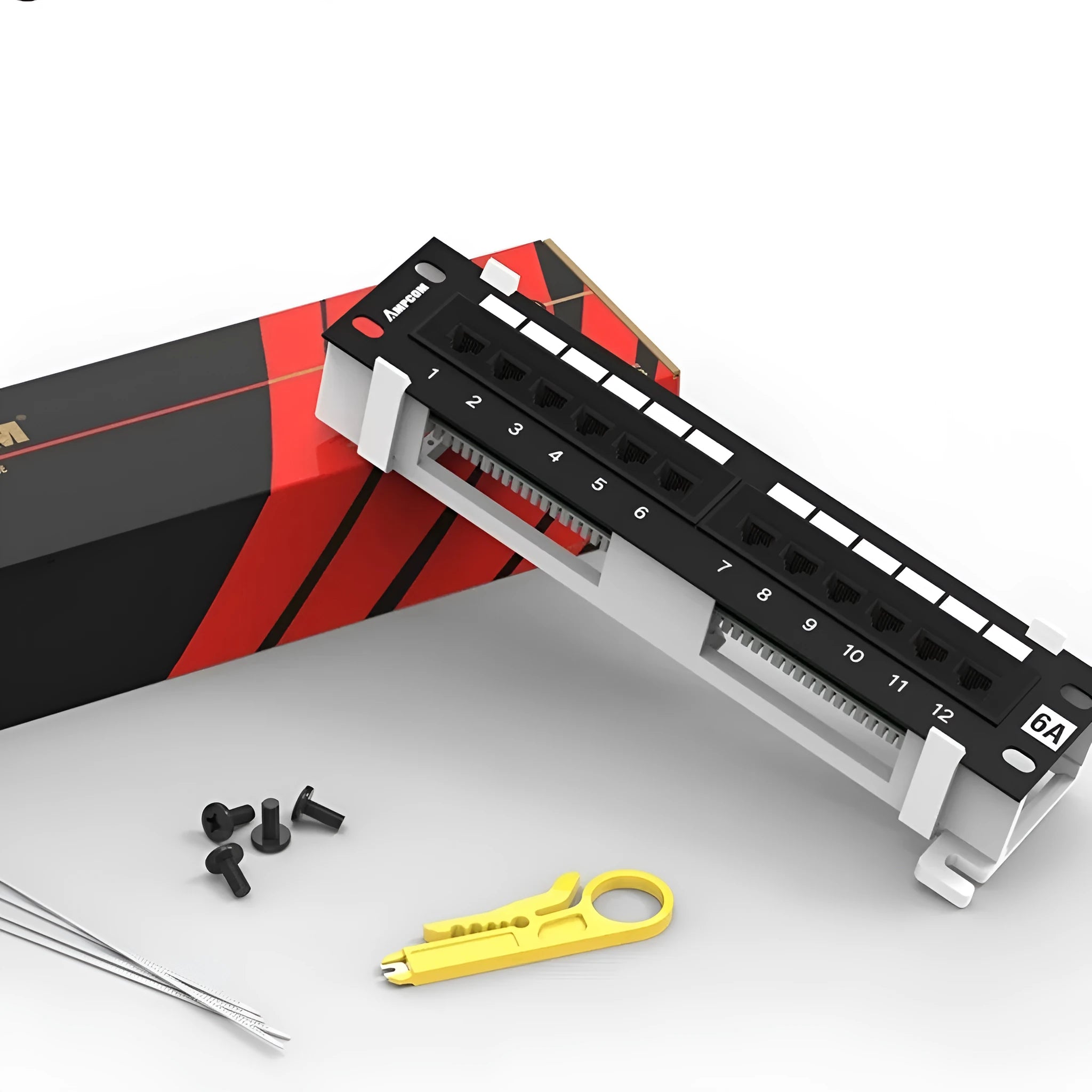 Black 12-port unshielded network patch panel made of steel for home cabling
