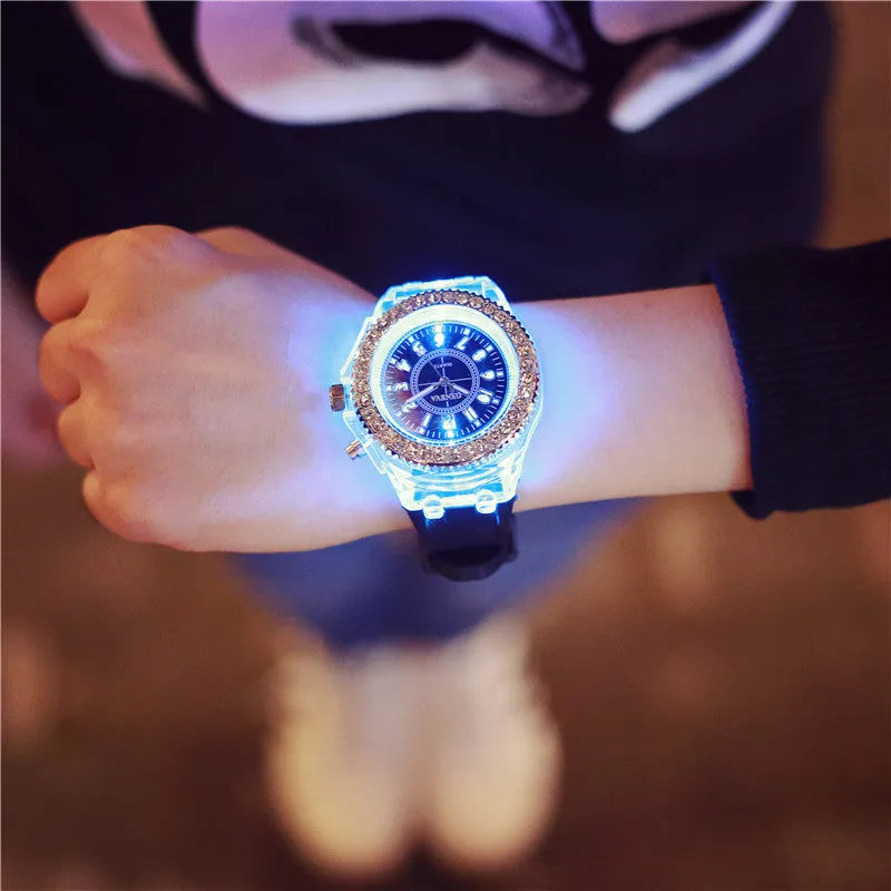 Women's LED luminous quartz watch with 43mm round dial and silicone strap