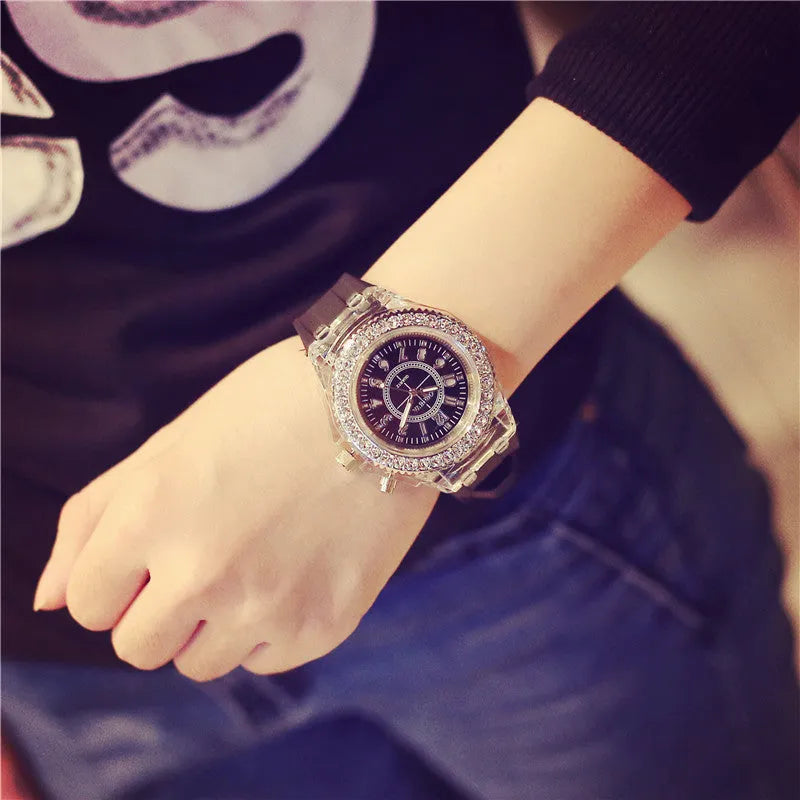Women's LED luminous quartz watch with 43mm round dial and silicone strap