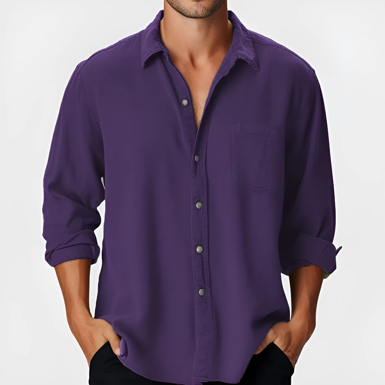 Men's casual long sleeve shirt with stand collar in loose fit polyester fabric