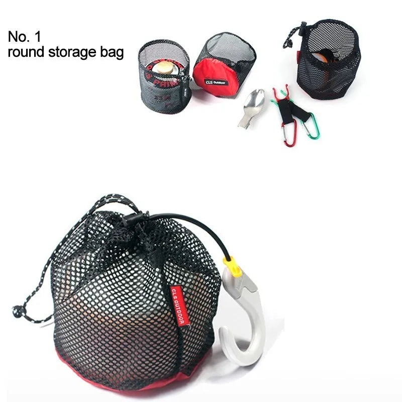 Red five-piece outdoor travel storage bag set with zipper closures and mesh panelling