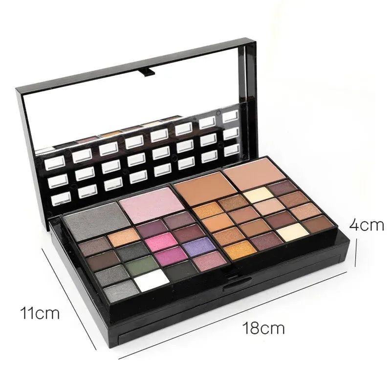 74-colour makeup palette open showing eyeshadows, lip glosses, and face powders with included brushes
