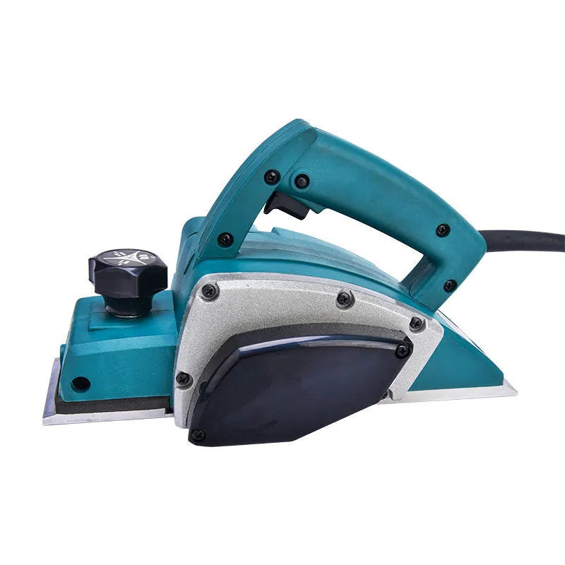 Red electric wood planer tool with aluminium shell showing 82mm cutting width