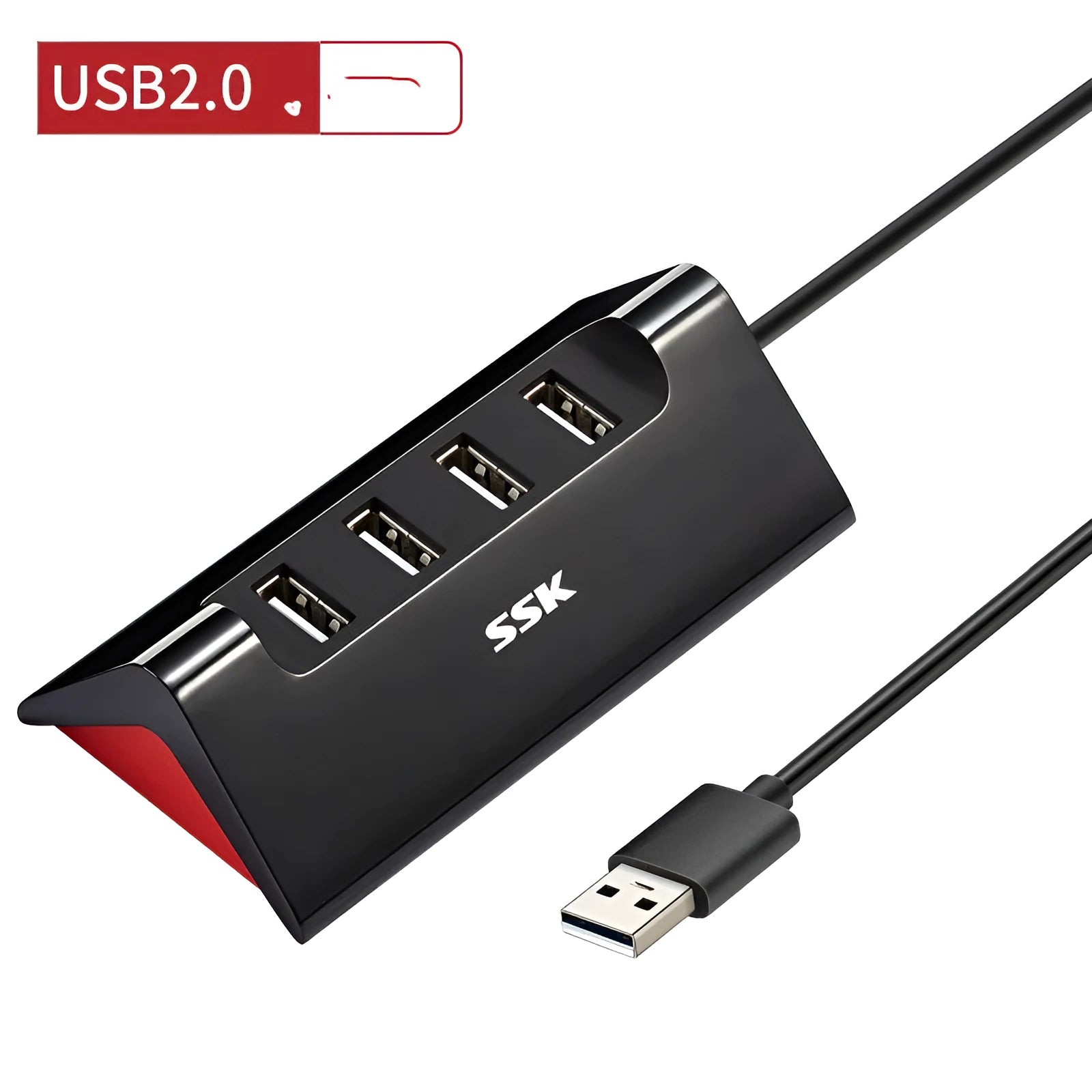 Black USB expansion dock with 4 ports on a desk next to a laptop.