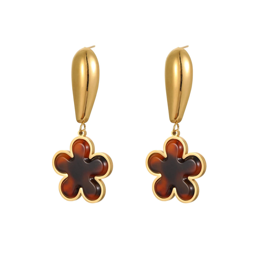 Tortoiseshell resin hawksbill colour earrings with electroplated 18K stainless steel in heart and floral geometric designs