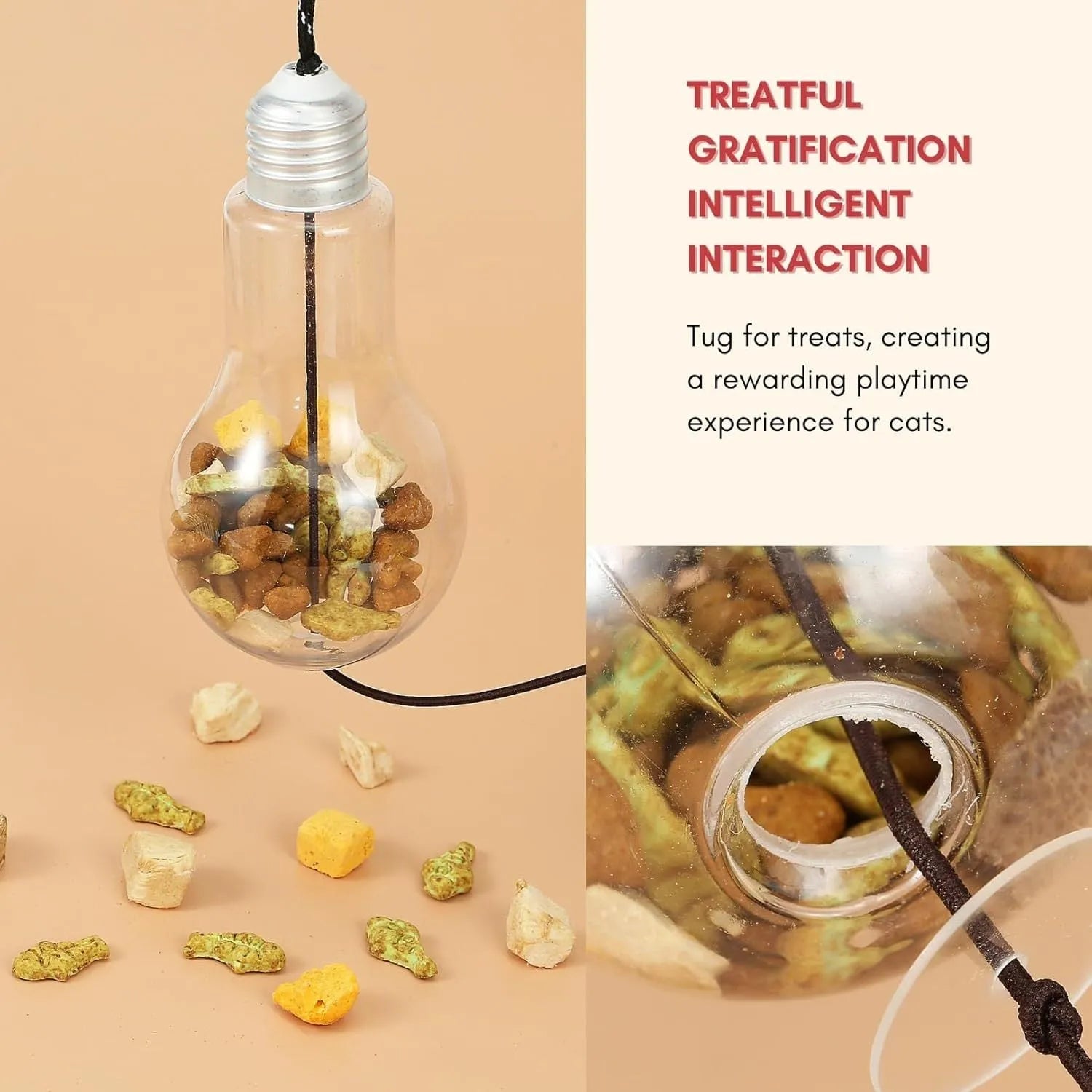 Gray and yellow hanging interactive cat toy with treat dispenser extended on elastic rope