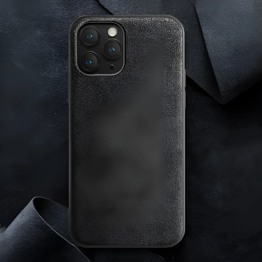 Suede iPhone case in dark blue colour showing full-cover design on an iPhone model.