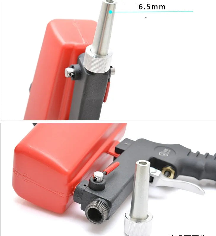 Portable black pneumatic sandblasting gun with tank and nozzle for rust removal.