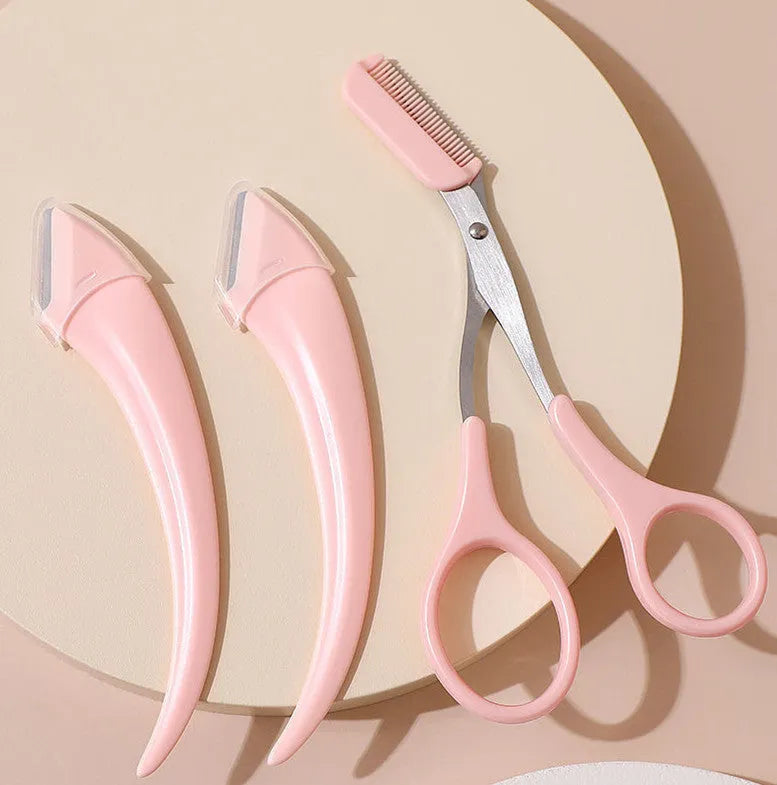 Curved moon eyebrow trimming knife with cutting comb in stainless steel and plastic construction
