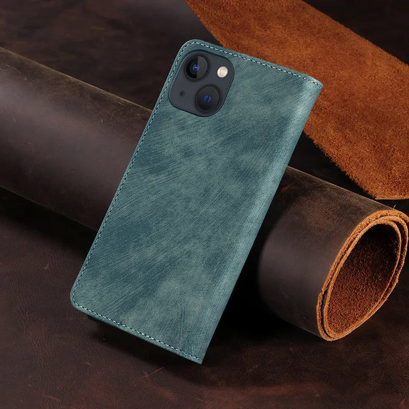 Magnetic flip phone case for iPhone in various colours showing TPU and leather construction
