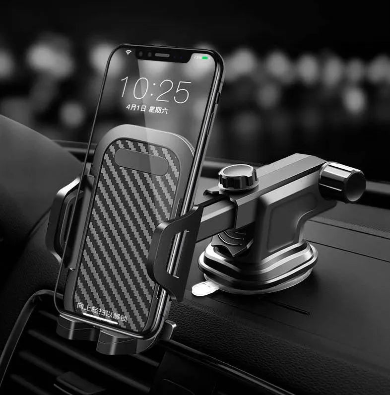 Black car phone holder made of ABS plastic and EVA foam for 4 to 7 inch mobile phones.