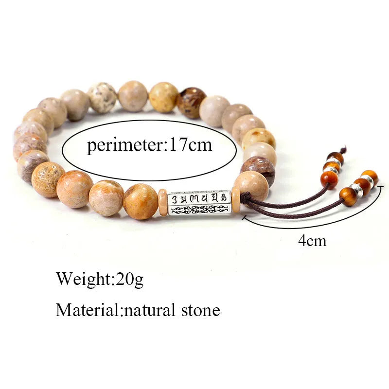 Handmade stone bead bracelet in wood colour on a simple background, showing retro style design.