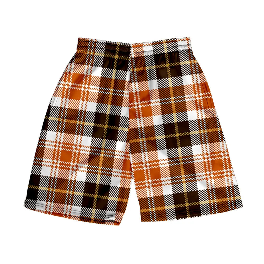 Men's polyester plaid shorts with elastic waistband in straight cut for casual wear