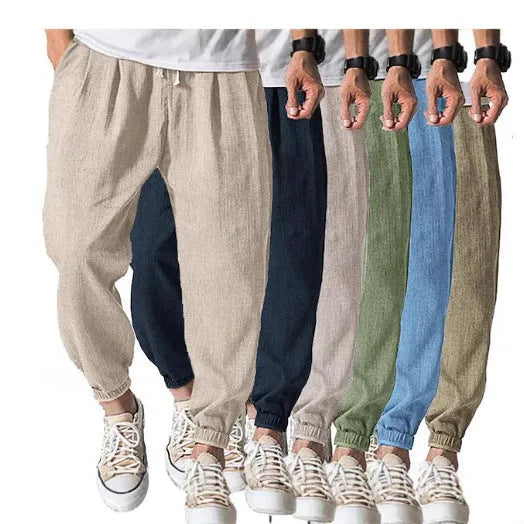 Men's loose cotton summer trousers with banded ankle cuff in light green colour