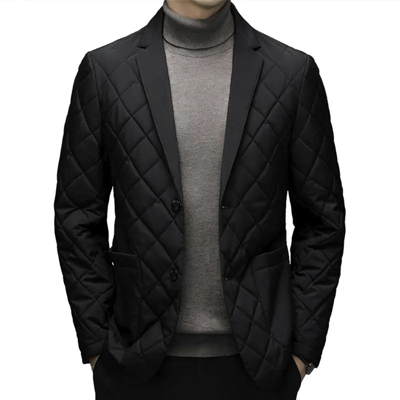 Men's black winter down jacket with cardigan-style lapel and side seam pockets