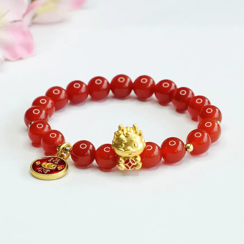 Red agate beaded dragon zodiac bracelet with 8mm beads.