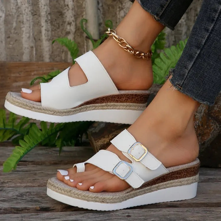 White woven patent leather women's wedge sandals with peep toe and finger fit design