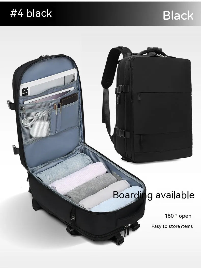 Large black waterproof nylon mummy backpack with zipped compartments.
