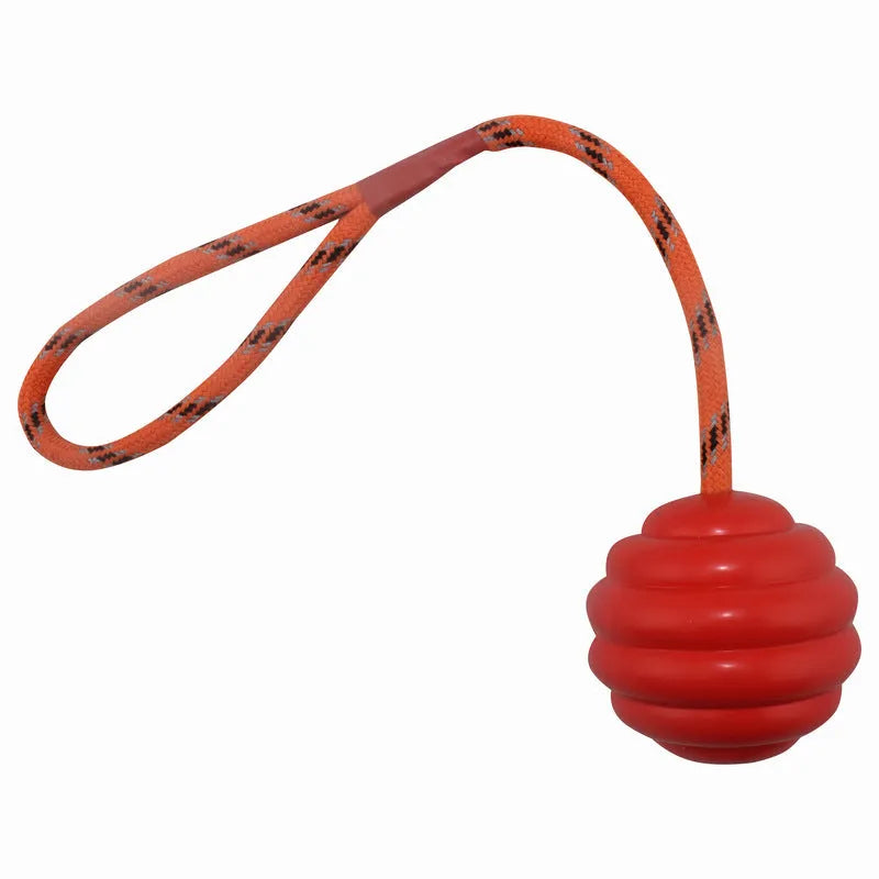 Multi-colour rubber dog toy ball with rope knot design measuring 6×30 cm