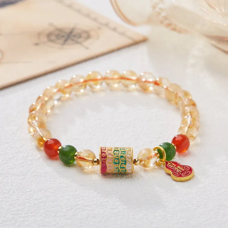 Hand-woven citrine five sutra bracelet with 6mm crystal beads and geometric five-warp design