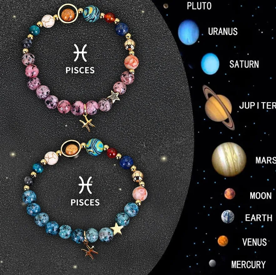 A pair of adjustable natural stone beaded bracelets on a wrist, representing Chinese zodiac signs.