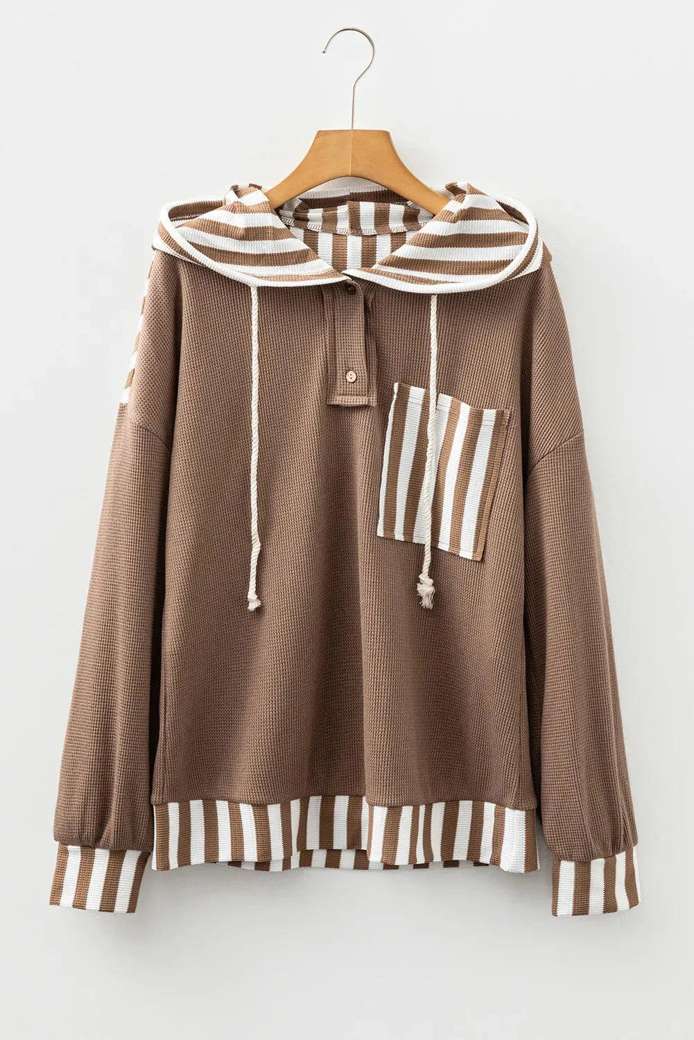 Straw yellow women's hoodie with waffle texture striped patchwork design and button neck