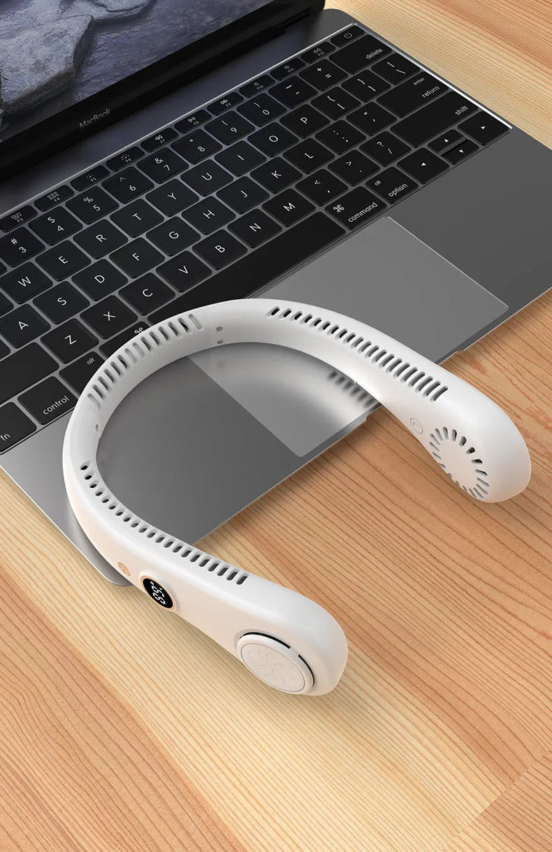 White USB rechargeable bladeless neck fan showing flexible neckband and air outlets.