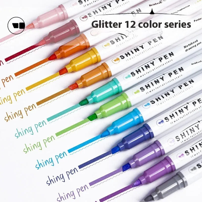 Set of four glitter fluorescent highlighter pens with slanted tips in assorted colours