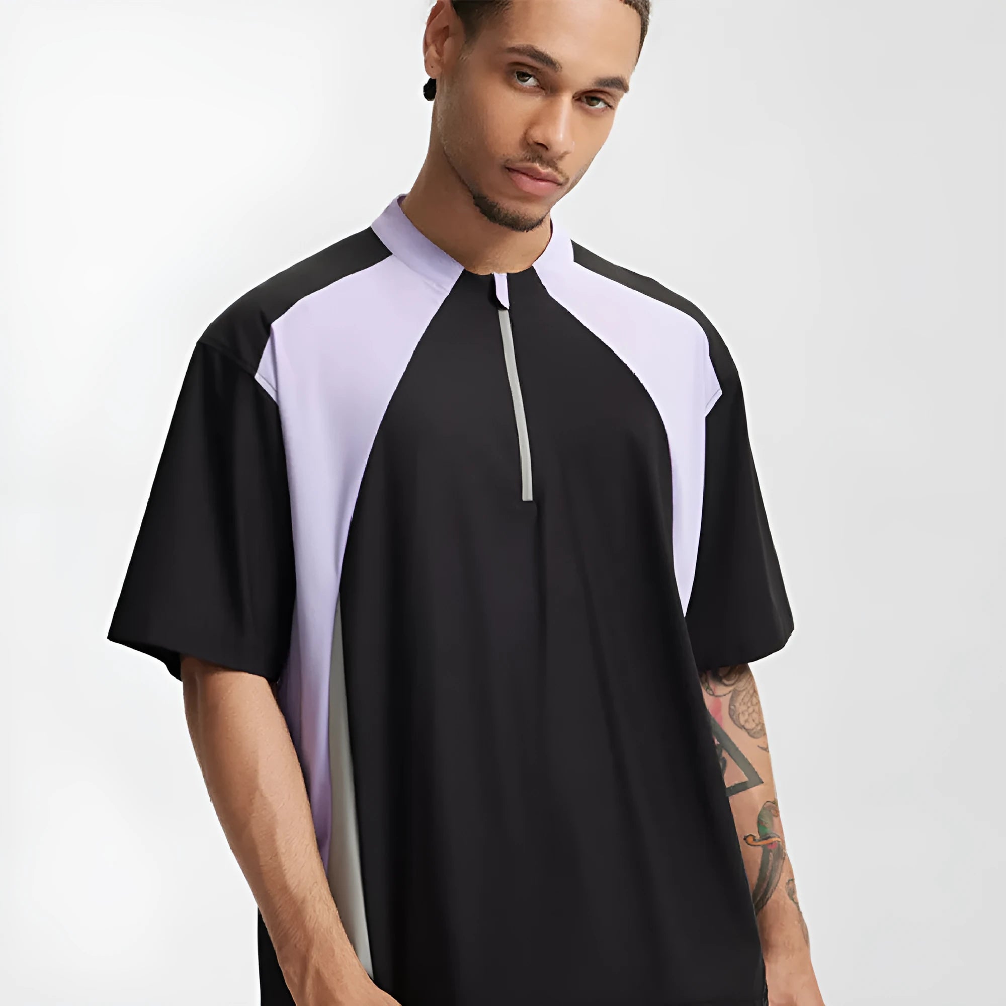 Men's solid colour lightweight polyester casual top shown in black and beige, available in long sleeve and short sleeve styles.