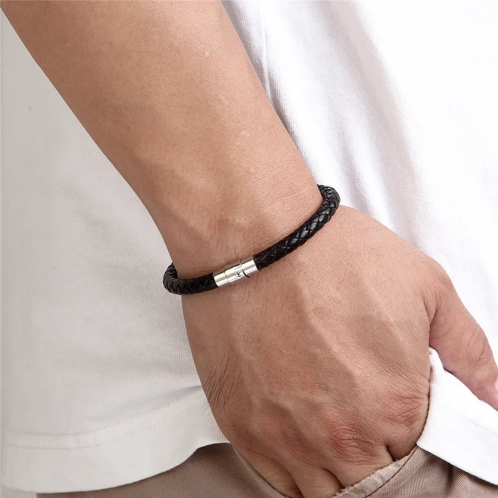 Titanium steel geometric wire bracelet with a magnetic clasp shown in various sizes.