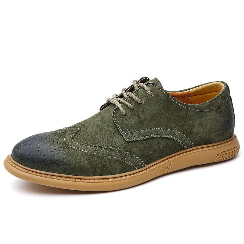 Men's black genuine cowhide leather lace-up business shoes with rubber sole on a grey background.