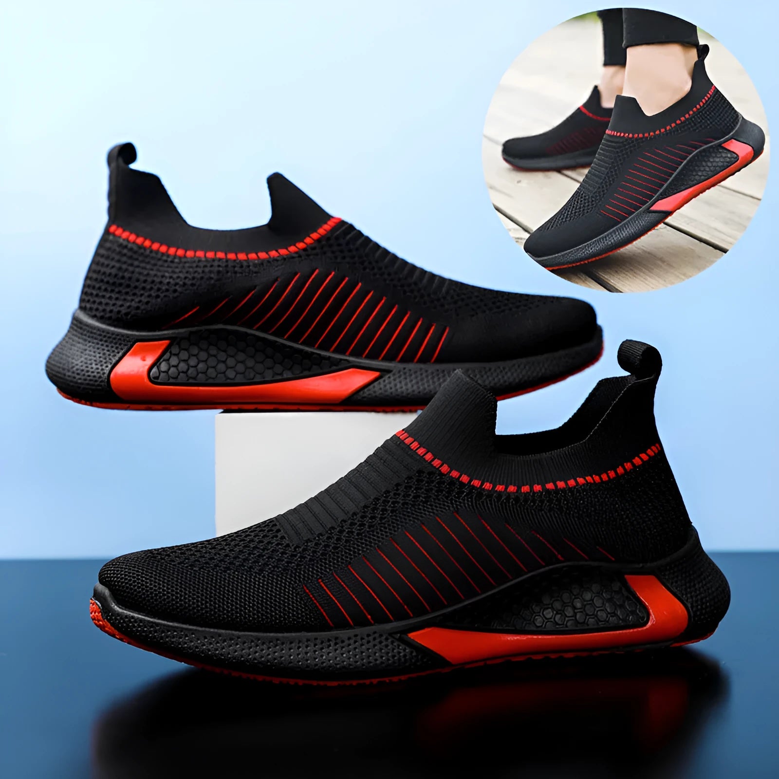 Men's black and white striped mesh sock shoes with lace-up front on a white background