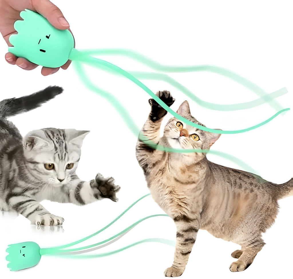 Automatic cat wand toy with swinging silicone tail measuring 38 cm long