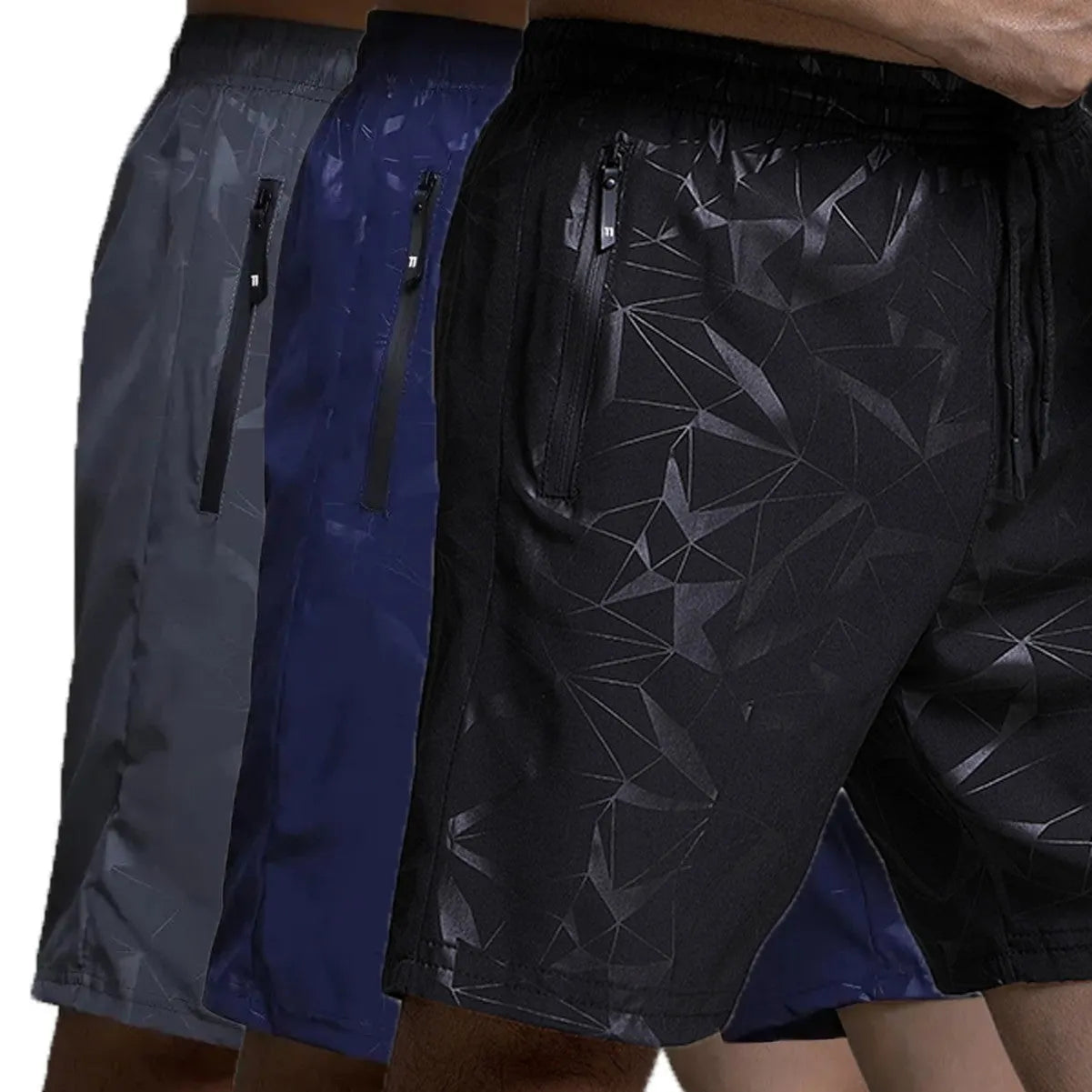 Men's loose fit sports shorts in polyester with elastic waistband available in black, grey and blue colours