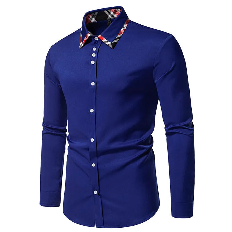 Men's blue casual long sleeve shirt with triangle collar and contrast plaid pattern.