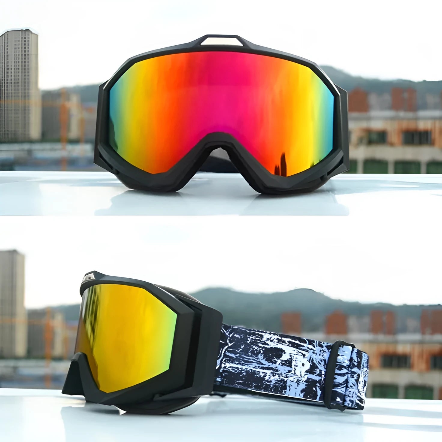 Motorcycle goggles with double-layer anti-fog lenses in various frame and lens colour options.