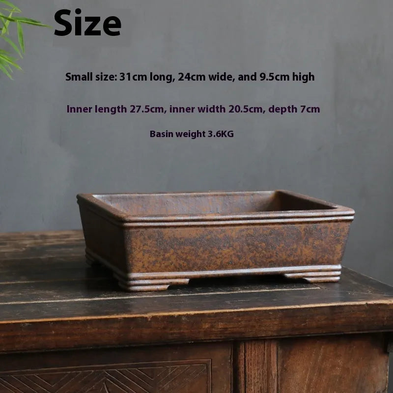 Purple sand rectangular bonsai planter with firewood burnt texture, shown in large and small size options.